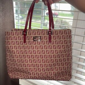 Fendi Red and Cream Zucca Print Canvas Tote Bag